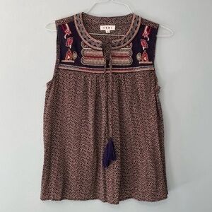 THML Anthropologie Tank Top Size XL Multicolor Embroider Sleeveless VNeck Tassel